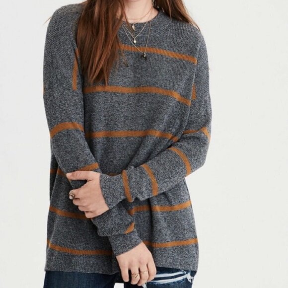 American Eagle Gray Tan Striped Knit Crew Neck Jegging Fit Sweater - Picture 1 of 6